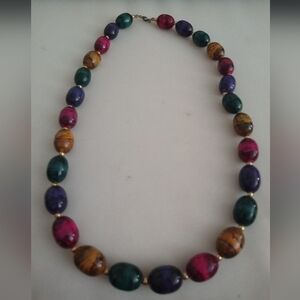 Vintage Multi Color Beaded Necklace Gold Tone Acrylic 24" Swirl Marbled